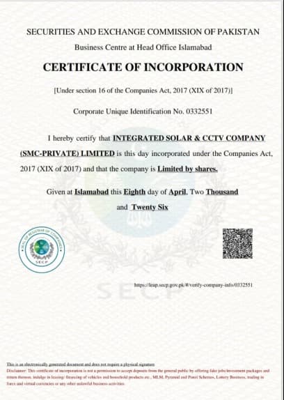 Integrated Solar & CCTV Company SECP Certificate of Incorporation
